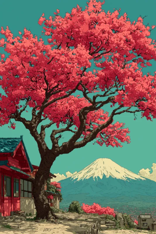 anime illustration of cherry blossom tree and Mount Fuji with traditional Japanese house