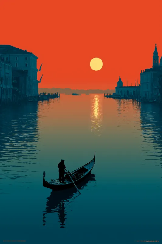 minimalist illustration of gondolier on Venice Grand Canal at dramatic orange sunset
