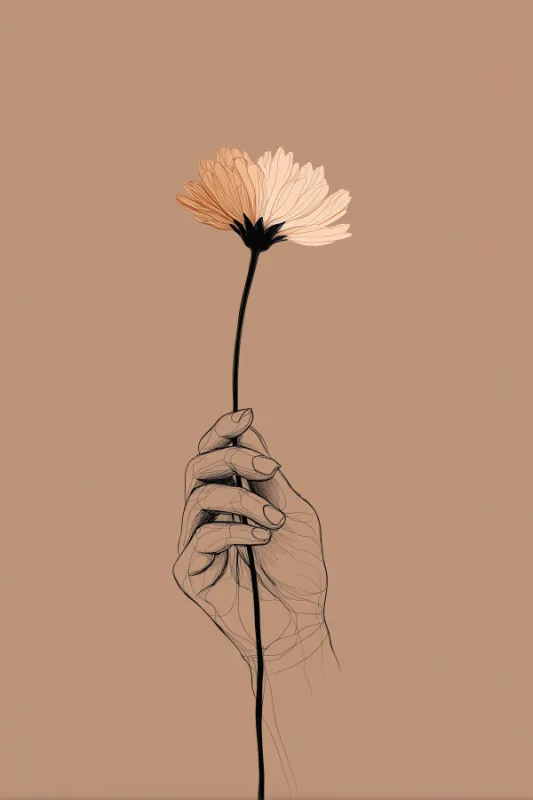 minimal line art illustration of hand holding a single blooming daisy on caramel background