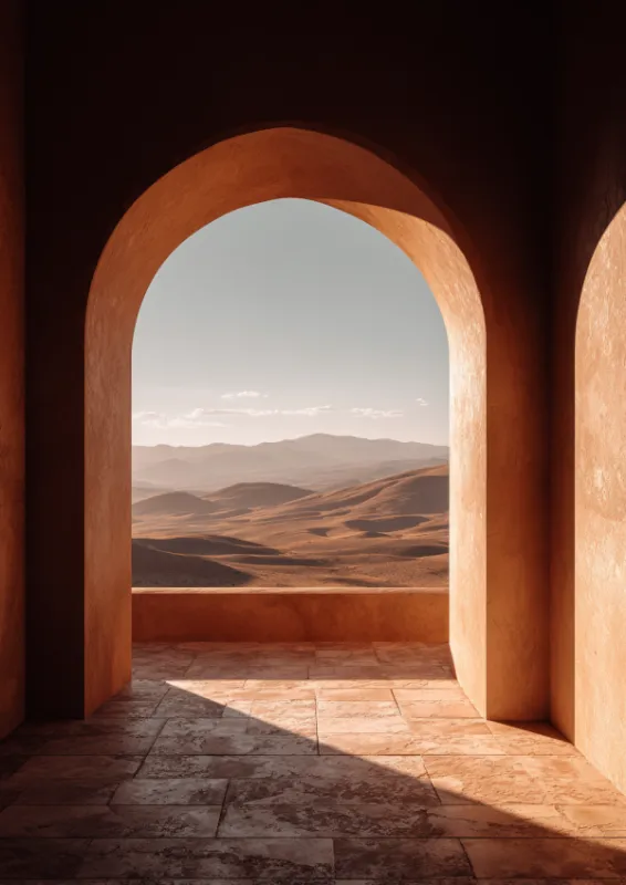 Warm sunlit Moroccan terracotta archway looking out to rolling desert sand dunes and distant mountains under a soft hazy sky with dramatic light and shadow on a stone tile floor
