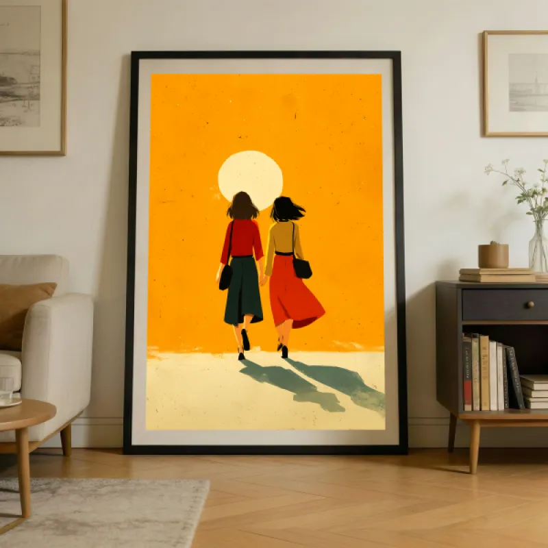 Two Women Walking Wall Art Print — Golden Sun Friendship Poster