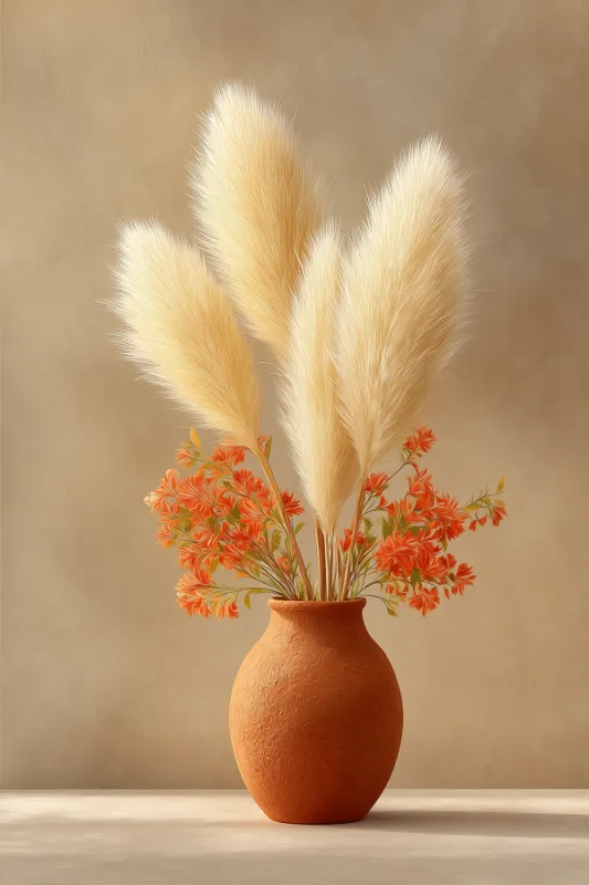 painted illustration of pampas grass plumes and orange wildflowers in textured terracotta vase