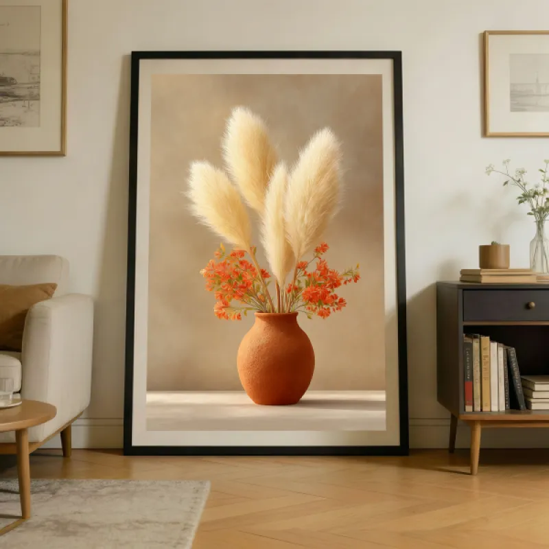 Pampas Grass and Wildflowers Terracotta Vase Wall Art Print — Boho Poster