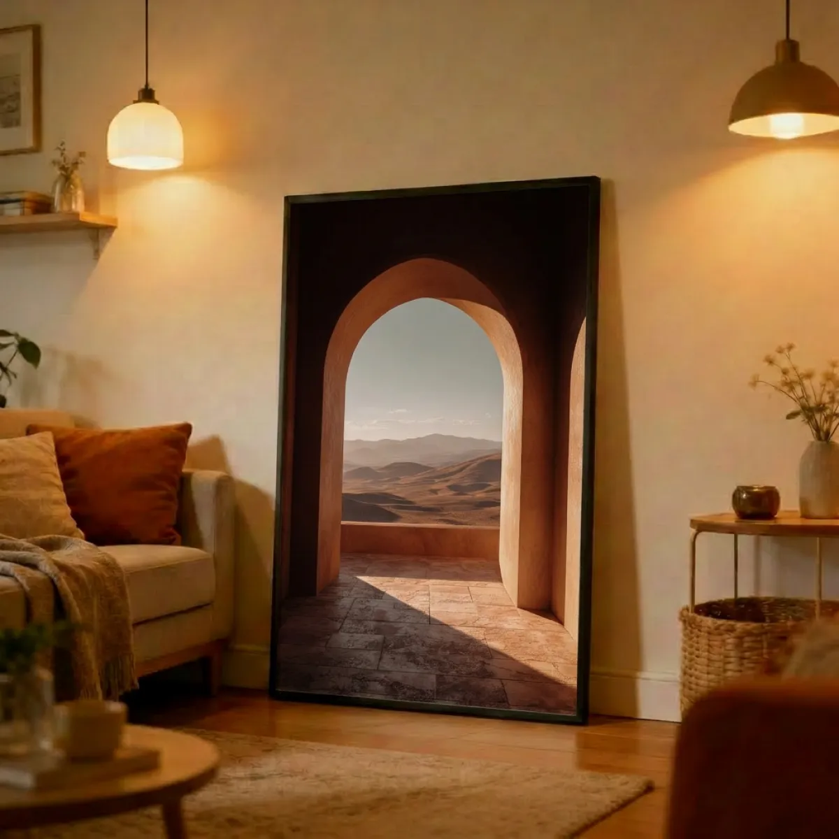 Moroccan Archway Desert View Wall Art Print — Terracotta Earth Tone Landscape Poster