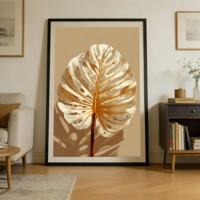 Golden Monstera Leaf Wall Art Print — Luxury Botanical Poster