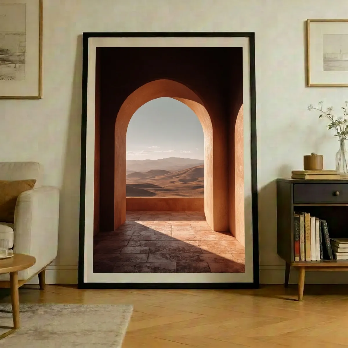 Moroccan Archway Desert View Wall Art Print — Terracotta Earth Tone Landscape Poster