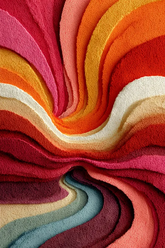 bold abstract swirling bands of pink red orange yellow cream and teal with textured surface