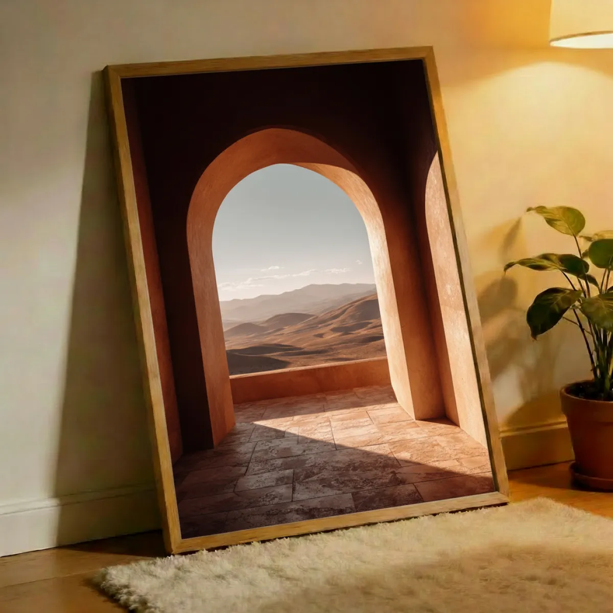 Moroccan Archway Desert View Wall Art Print — Terracotta Earth Tone Landscape Poster