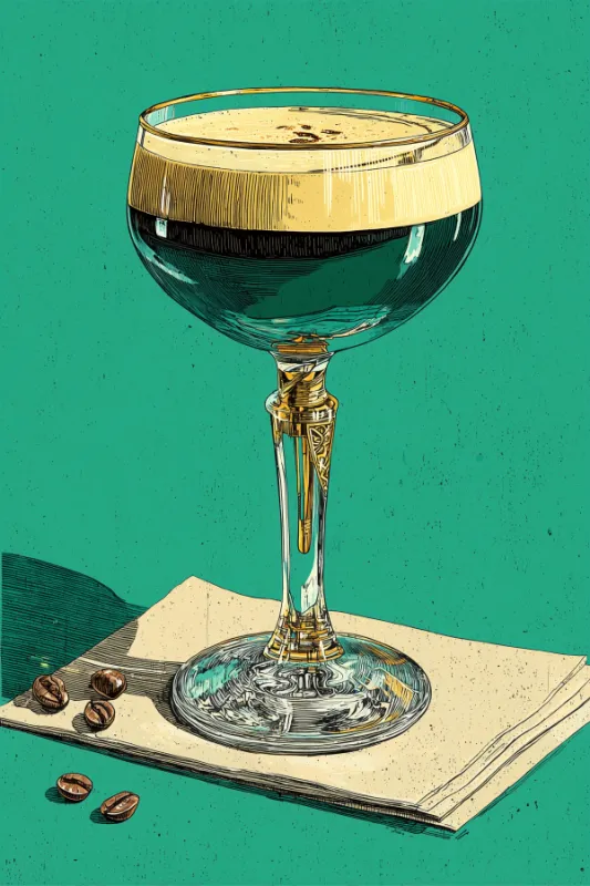 vintage engraving illustration of espresso martini coupe glass with coffee beans on teal background
