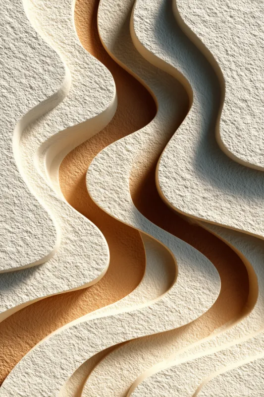 close-up of undulating sand dune ridges with soft shadows in warm cream beige and amber tones