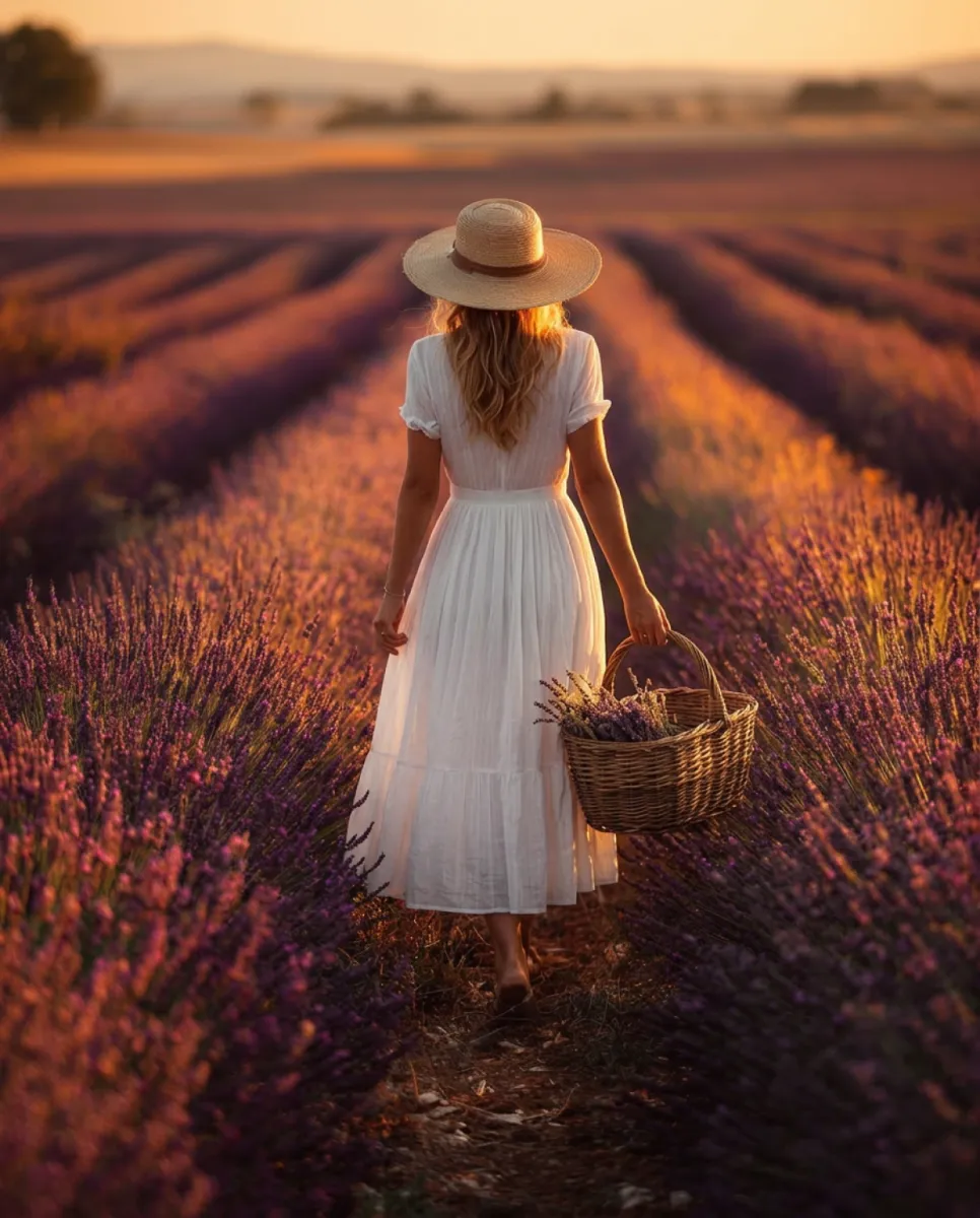 Faceless woman seen from behind walking through rows of blooming purple lavender fields at golden hour wearing a white linen dress and straw hat carrying a wicker basket with lavender