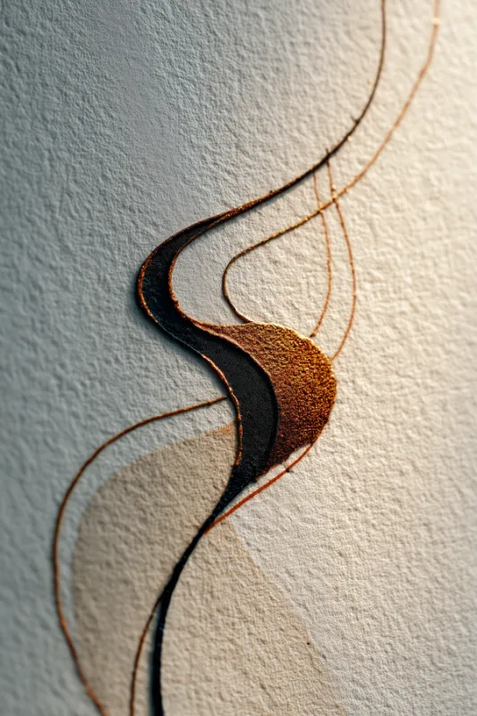macro abstract of S-shaped swirl in black and copper gold texture on grey blue and cream surface