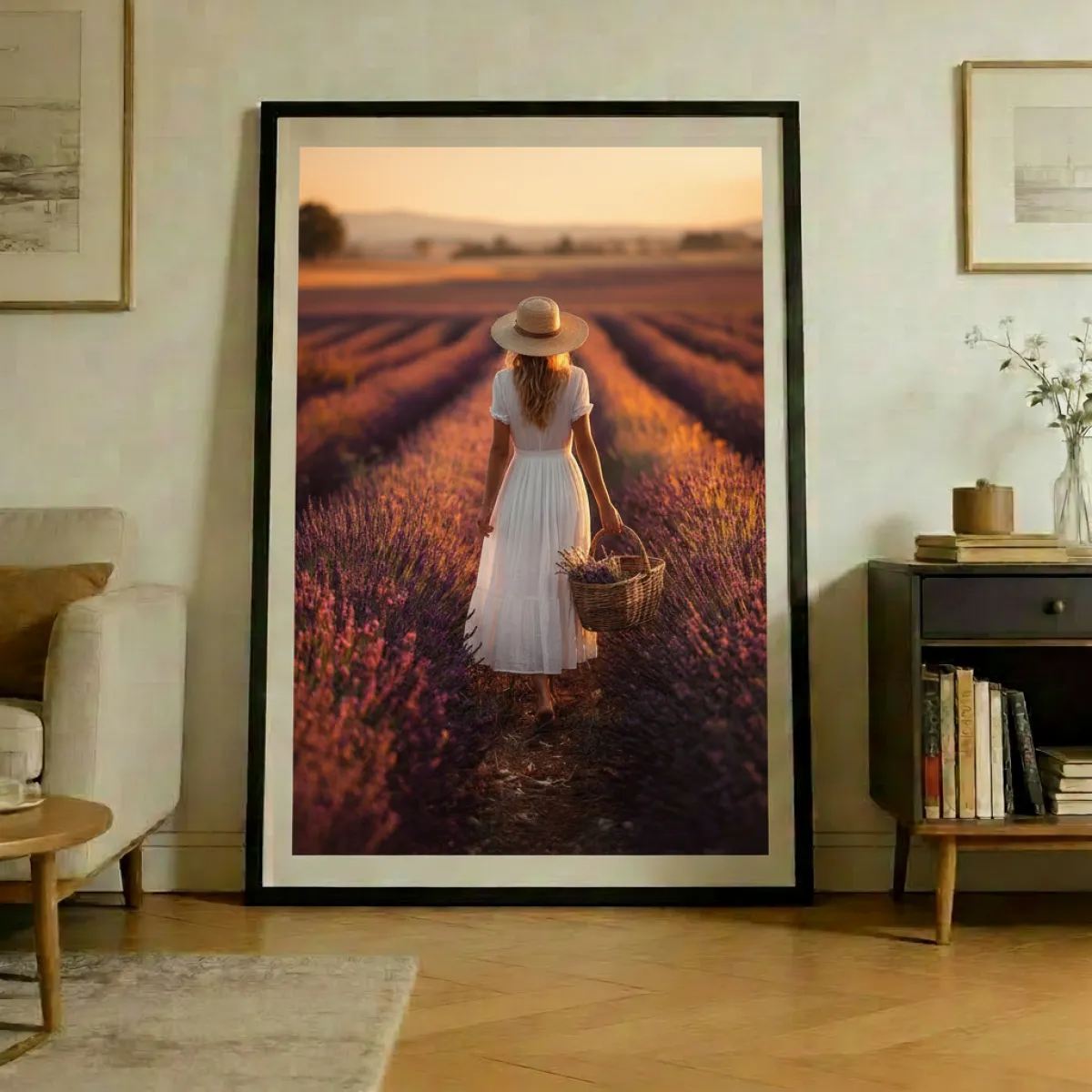 Woman in Lavender Field Wall Art Print — Provence Golden Hour Faceless Photography Poster