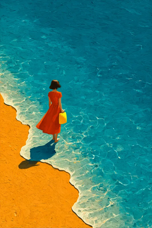 oil painting illustration of woman in red dress standing at the waters edge on golden beach with turquoise sea