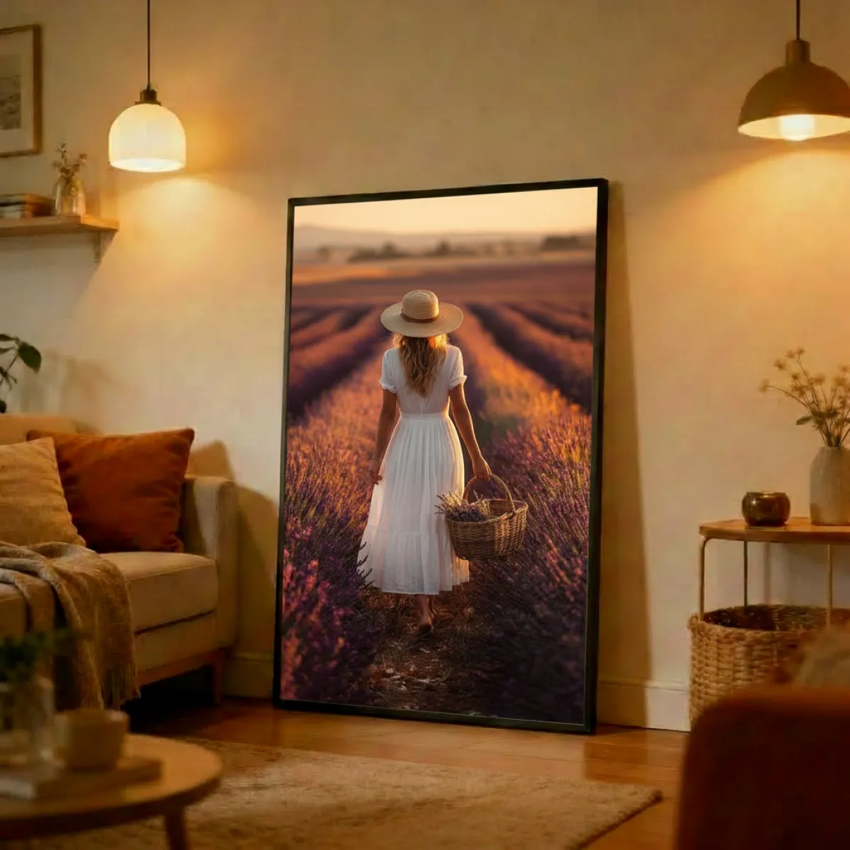 Woman in Lavender Field Wall Art Print — Provence Golden Hour Faceless Photography Poster