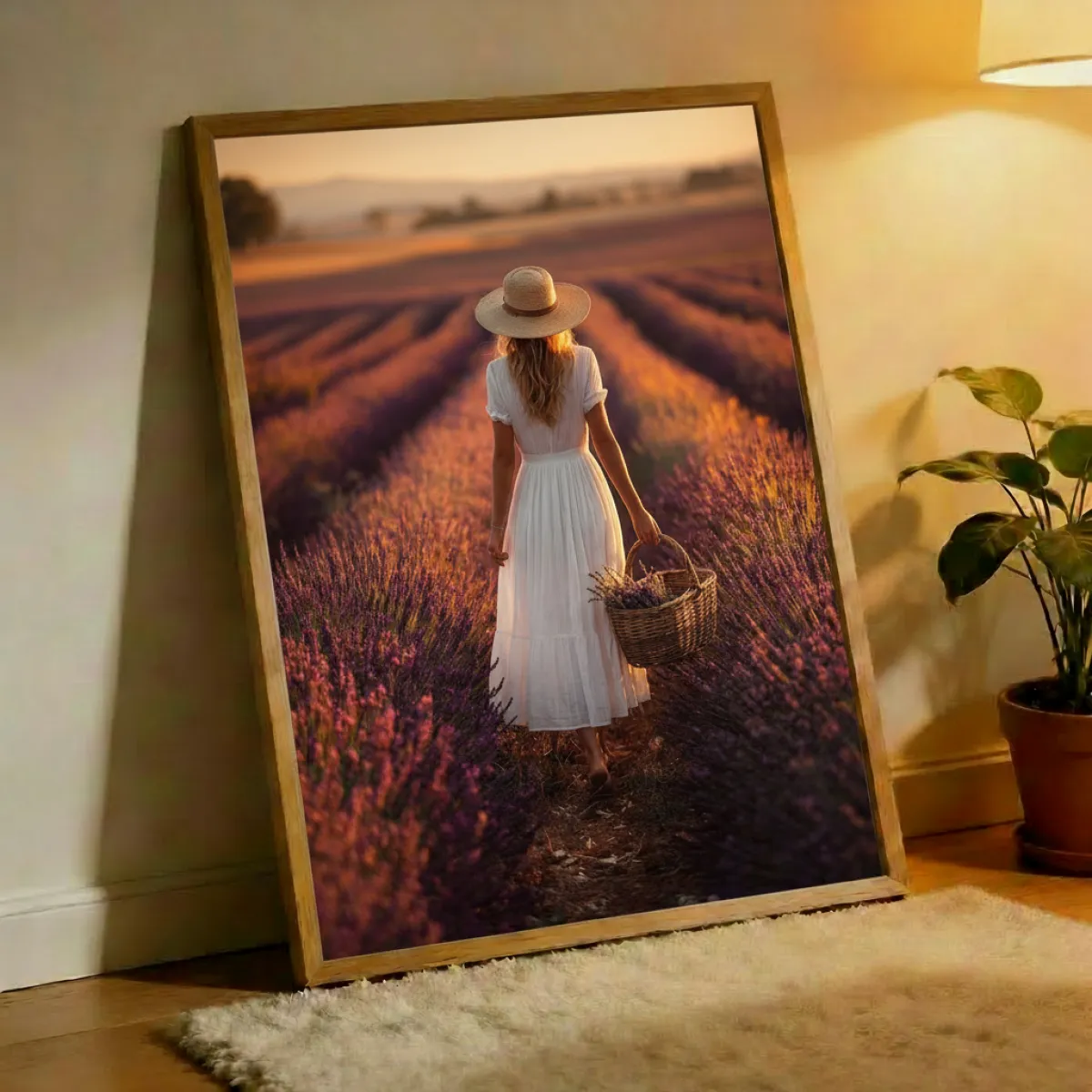 Woman in Lavender Field Wall Art Print — Provence Golden Hour Faceless Photography Poster