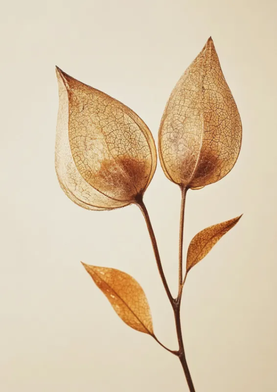 Close-up of two translucent dried seed pods with delicate skeletal veining in golden amber tones on a soft cream background