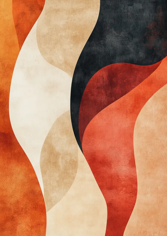 Abstract print of flowing curved shapes in terracotta, orange, navy and cream tones with a textured surface