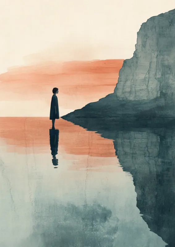 Minimalistisch aquarelschildering van een eenzame figuur staand op stil water met tealklerige kliffen en een zalmroze zonsonderganghemel