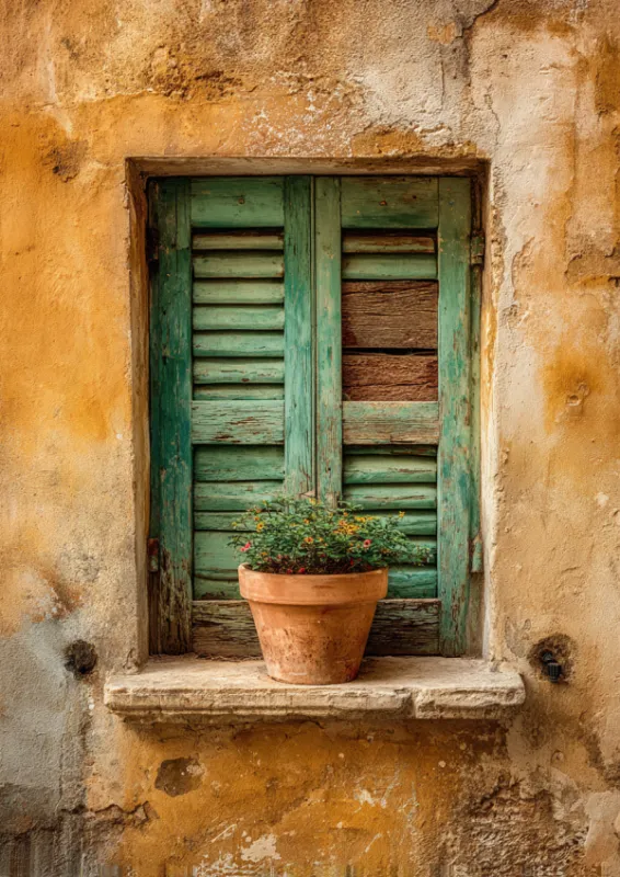 Old Tuscan villa window with weathered green wooden shutters and a terracotta flower pot with small blooming flowers on a stone ledge against a sun-baked ochre plaster wall