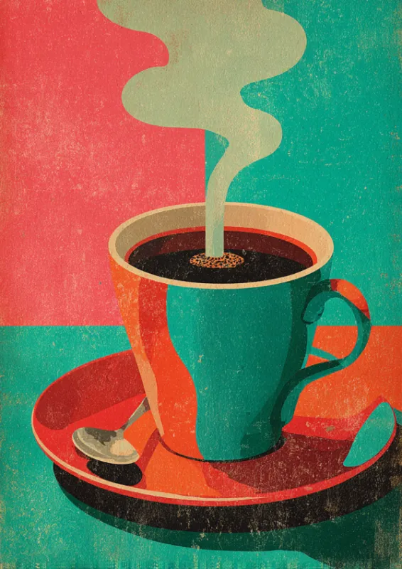 Retro vintage illustration of a steaming teal coffee cup on a coral red saucer with a silver spoon against a split pink and teal background with grainy risograph texture